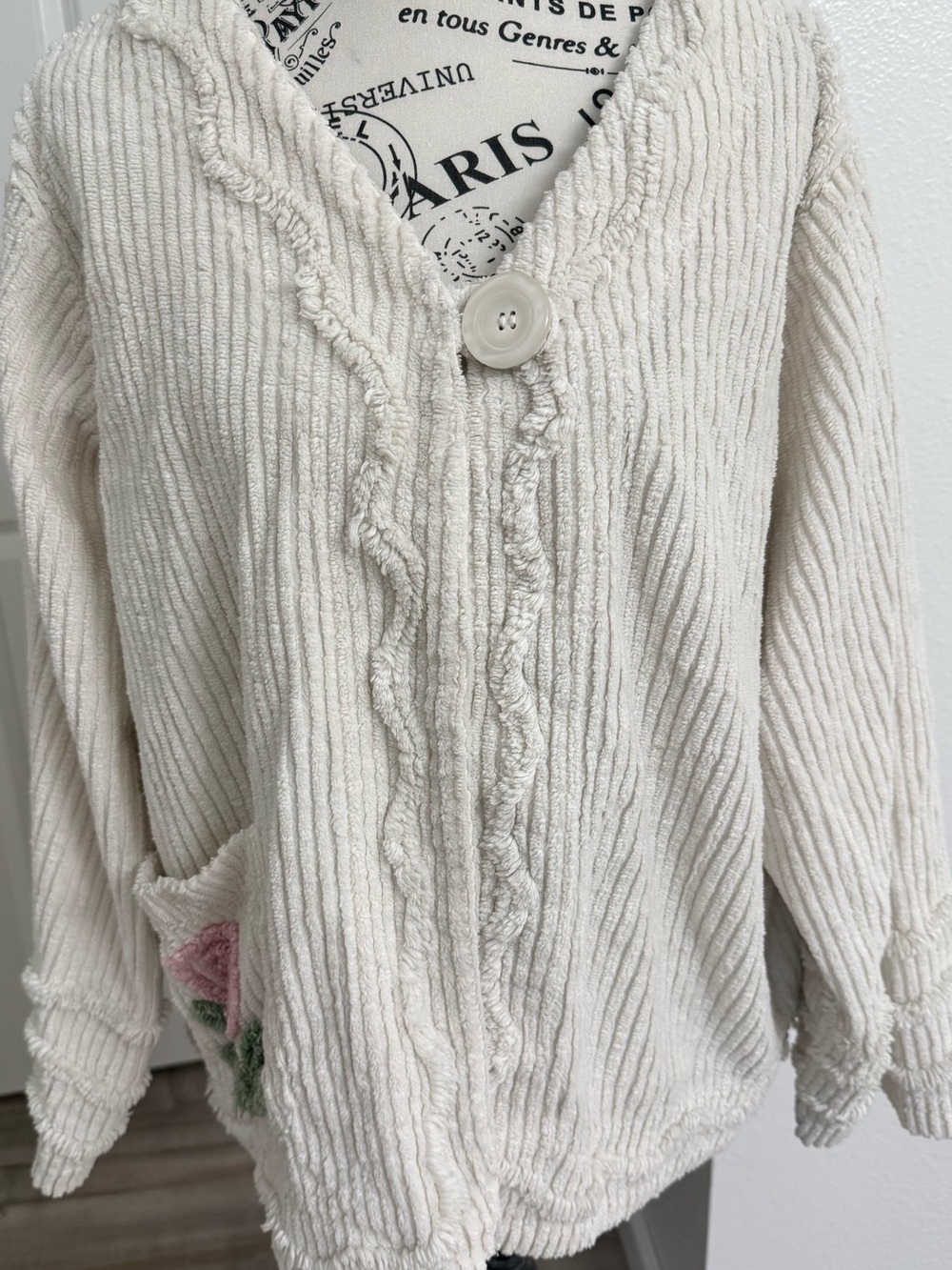 Vintage Chenille Cozy Cream Ribbed Button-Front Women's Bed Coat.